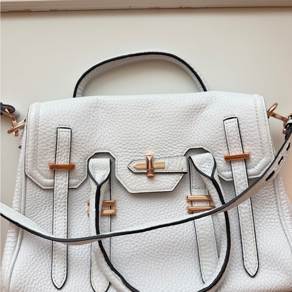 Rebecca Minkoff Belay Satchel White Pebbled Leather Rose Gold Crossbody - Picture 9 of 9